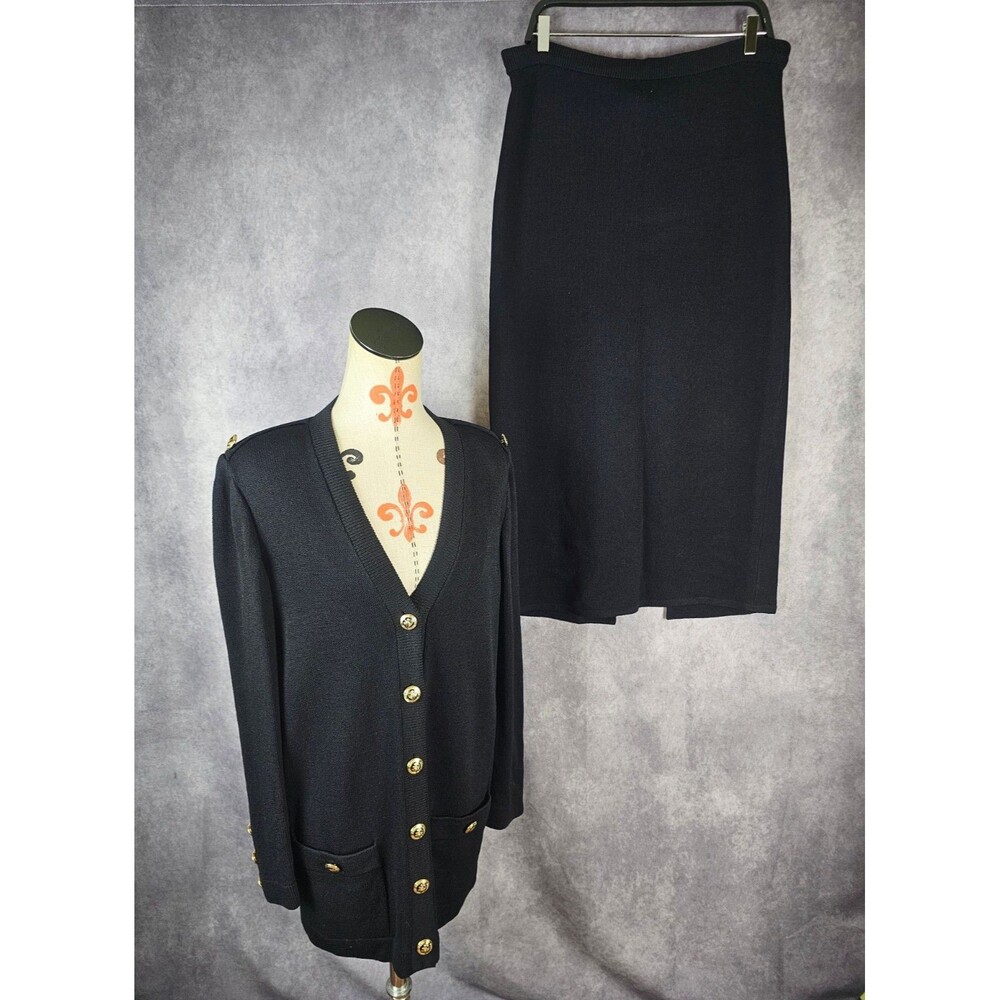 St. John Suit Jacket S Skirt 10 Black Santana Knit Gold Black Enamel Button EUC